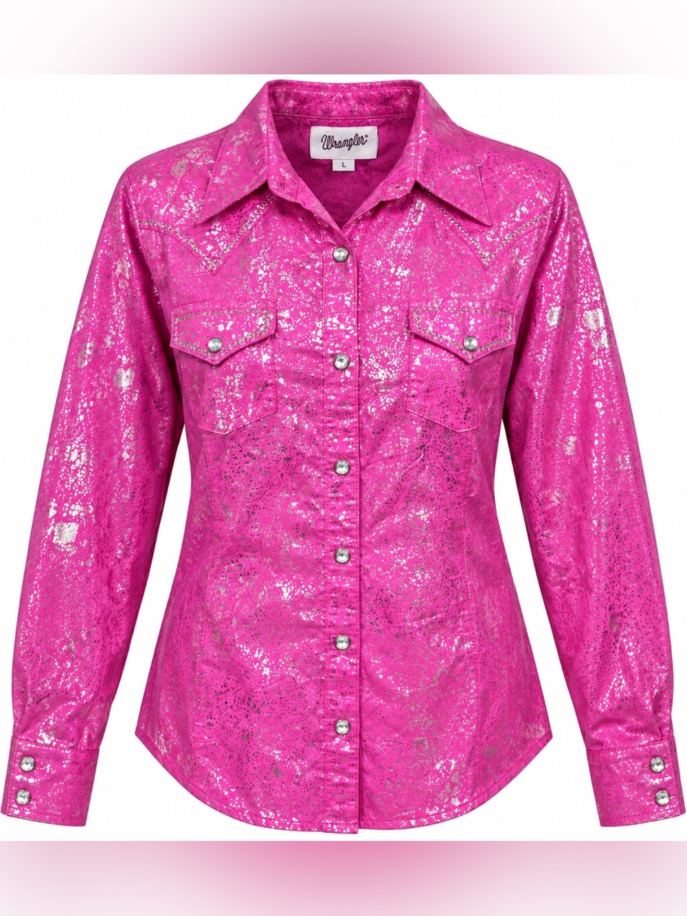 Wrangler L Hot Pink Silver Foil Western Snap Shirt Cowgirl Rodeo Glam Barbiecore